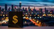© Kembar - Black shopping bag with dollar sign against blurred city lights background