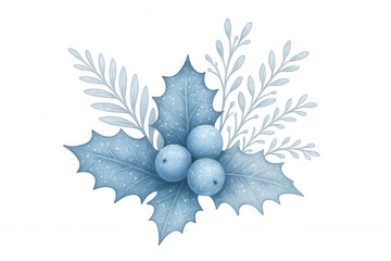 Wall Mural - Winter blue holly berries and frosted leaves watercolor composition with transparent background
