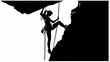 © Photo Magic - Silhouette of a woman rock climbing with ropes on a cliff face against a white background in vector format