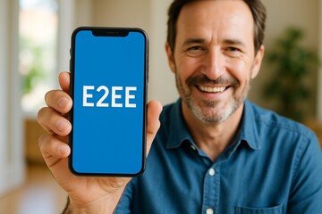 Man holding smartphone displaying E2EE text on blue screen with warm indoor background
