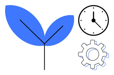 Wall Mural - Blue leaves symbolizing growth alongside a clock and gear representing time and productivity. Ideal for sustainability, efficiency, ecology, planning, teamwork, innovation, eco-friendly concepts