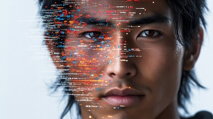 Man's face, digital data overlay, future tech concept, website banner