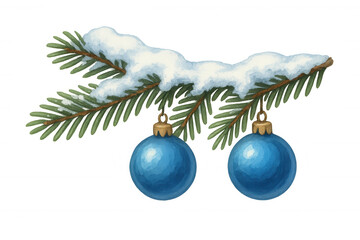 Wall Mural - Snowy pine tree branch with blue christmas ornaments hanging, winter holiday decoration design element