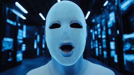 Masked figure in digital server room