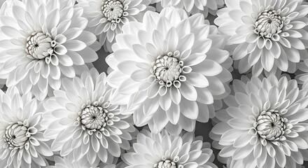 A closeup view of many white dahlias with intricate petals