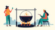 © Muntahin - Two people enjoying outdoor cooking by a campfire with a large pot over the flames.