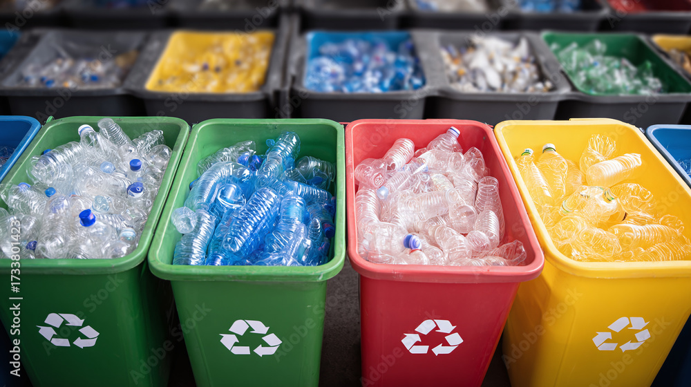 ภาพประกอบ Stock Recycling bins filled with plastic bottles in a row ...