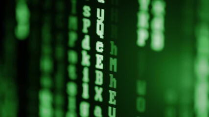 Close up of computer monitor screen with green programming code matrix, hacker background, software development, cyber security, coding technologies and digital innovation concept
