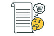 © Permelia - Shopping list concept with thinking emoji. Vector illustration for planning, reminders, and to-do lists. Blank checklist with copy space for groceries and what to buy.