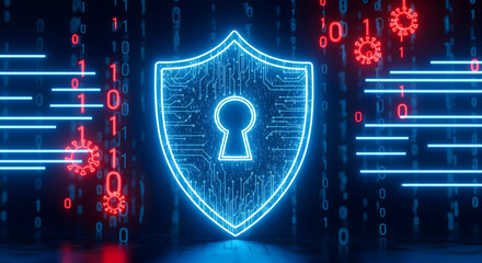 Cybersecurity shield protecting against virus threats with digital binary code