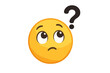 © Mammie - Thinking face emoji with a question mark. Concept of curiosity, problem solving, FAQs, and doubt. Cute cartoon emoticon looking for answers and solutions. Vector design.