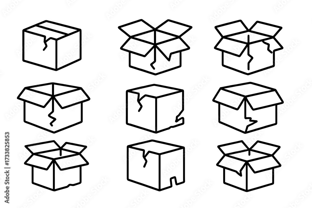 Broken box line icon collection. Damaged package, open carton. Fragile ...