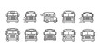 © MstMili - Set of diverse school buses front view simple outline graphics for educational transportation themes vector