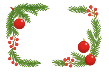 Wall Mural - Christmas frame with pine branches, red baubles, and berries forming a festive border, transparent background