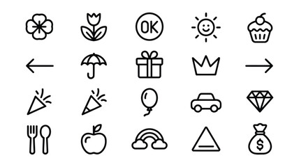 Set of 20 simple hand-drawn black line art icons for diverse applications isolated on white background
