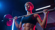 © Milan - Strong athletic woman lifting a barbell in a modern gym. Muscular female bodybuilder with defined abs during an intense workout. Strength training and fitness lifestyle concept