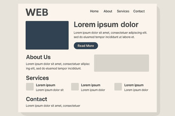 minimal web page layout template — modern website wireframe design with sections for about, services