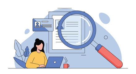 Woman reviewing job application documents with a magnifying glass.