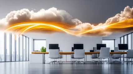 Wall Mural - Cloud-Based Office Concept: An expansive, modern office space with sleek lines and abundant natural light.