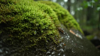 Wall Mural - A slow push-in shot on a vibrant, wet moss covering a rock face, with gentle rain clinging to its surface, illuminated by ambient forest light freshness, woodland, pattern