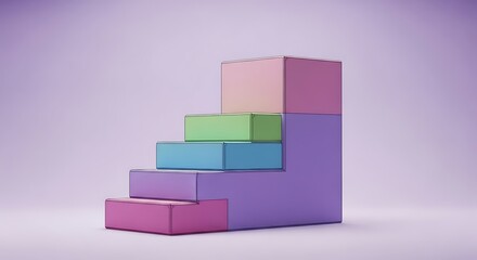 Canvas Print - Geometric Staircase With Pastel Colored Blocks On A Light Purple Background abstract blue
