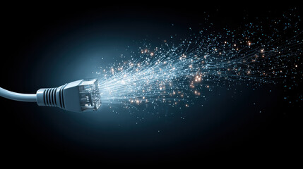 Network cable with data streams. Ethernet cable with data flow concept, digital information protection network It represents abstract concept of information transfer protection against cyber threats