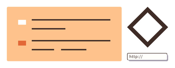 Flowchart element featuring a decision diamond, text list with color-coded bullets, and URL input box. Ideal for workflow, planning, options evaluation, decision-making, web navigation, user