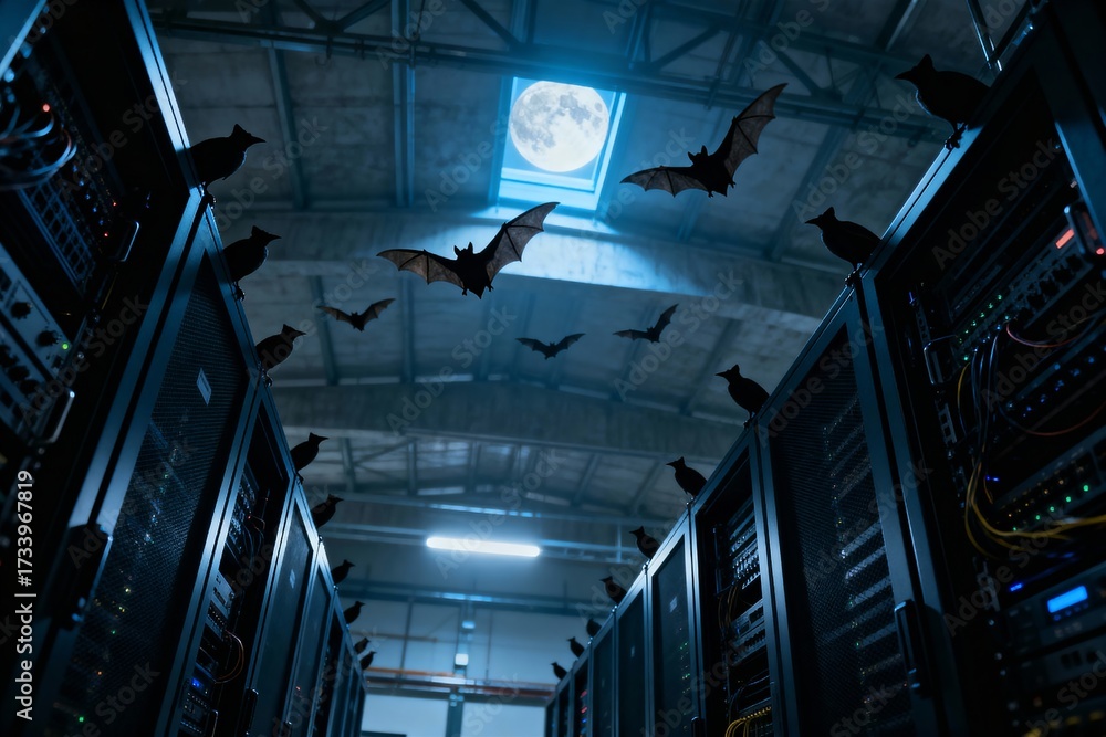 Dark Server Room with Bats Flying Past Full Moon Skylight for ...