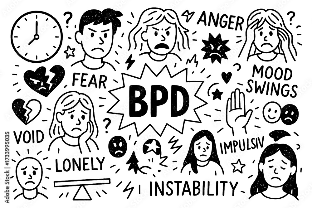bpd concept with emotions, relationships and mental health doodle icons, Transparent Background