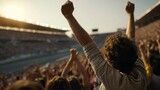 Excited crowd of spectators cheering at a lively racetrack during an afternoon event