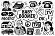 © FriskySloths - Baby boomer doodle with retro lifestyle icons, typewriter, vinyl, old telephone, milk bottle and vintage characters, Transparent Background
