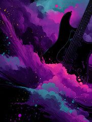 Wall Mural - A guitar amidst scattered colors, mainly using purple tones.