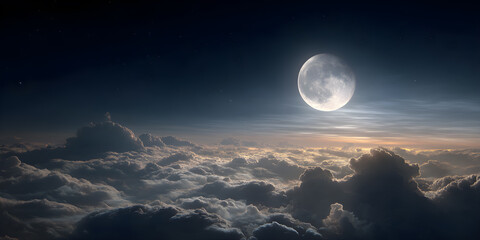 Wall Mural - A full moon shines softly above the clouds in the night sky.