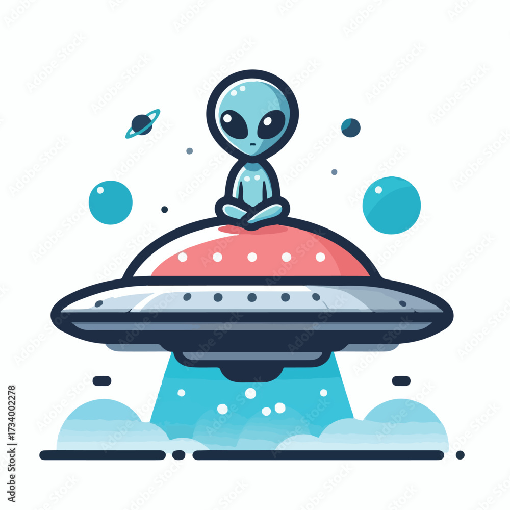 Small alien sitting on a UFO with a simple and minimalist flat design ...