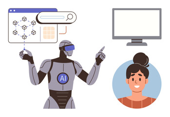 Wall Mural - Robot with AI badge gestures at tech interface, woman in profile, and computer monitor. Ideal for AI, technology, innovation, robotics, machine learning, interaction human-robot communication