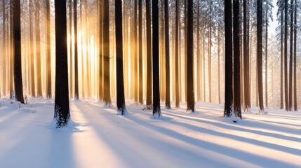 Wall Mural - Serene winter forest at sunrise with golden rays illuminating snow-covered trees and shadows