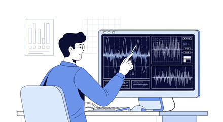 Illustration of a data scientist analyzing complex graphs on a computer screen carefully