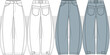 © gulsenbozkurt - Unisex Balloon Jeans fashion technical drawing, illustration. Baggy, Boyfriend, Mom-fit Jeans vector. Front and Back View. Fashion Flat Sketch, Vector. CAD, Mockup set.