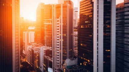 Wall Mural - Sunset over a bustling cityscape with skyscrapers reflecting warm light and urban life below