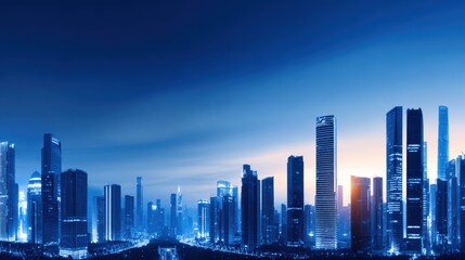 Wall Mural - Urban skyline at dusk with illuminated buildings and a serene atmosphere reflecting on the horizon