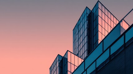 Wall Mural - Modern architectural building with glass facade reflecting sunset colors in urban landscape
