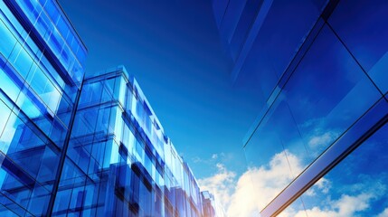 Wall Mural - Modern glass buildings reflecting blue sky and clouds, showcasing contemporary architecture in urban setting