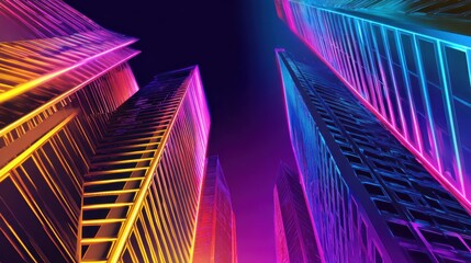 Wall Mural - Vibrant cityscape with futuristic skyscrapers illuminated by neon lights against a twilight sky