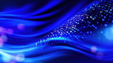 Abstract blue wave pattern with binary code elements, creating a digital technology background