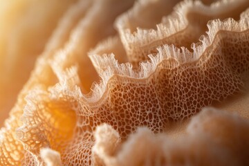 A mesmerizing macro shot reveals intricate organic textures, delicate ruffled edges, and web-like patterns bathed in warm, soft light.