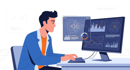 Man working with data analysis on computer screen with graphs and charts analytics information