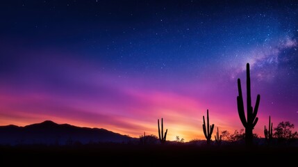 Wall Mural - Vibrant desert sunset with silhouetted cacti under a starry sky, showcasing nature's beauty
