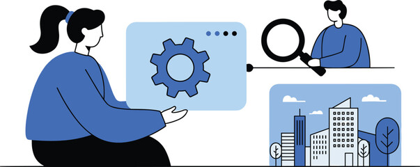 Teamwork in urban development, gear setting, system management, search collaboration, innovation strategy, business planning, smart city interface, modern technology concept vector flat illustration