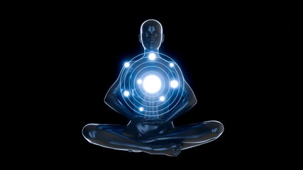 Abstract 3d animation of chrome glossy woman body sitting in lotus pose with composition of neon energy balls or particles atoms. Motion art for meditation and relaxation.