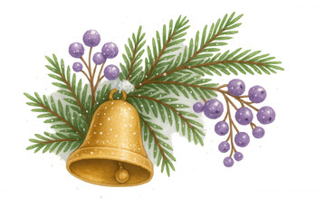 Wall Mural - Christmas bell with winter berries and evergreen pine branches, bringing holiday cheer, a watercolor illustration